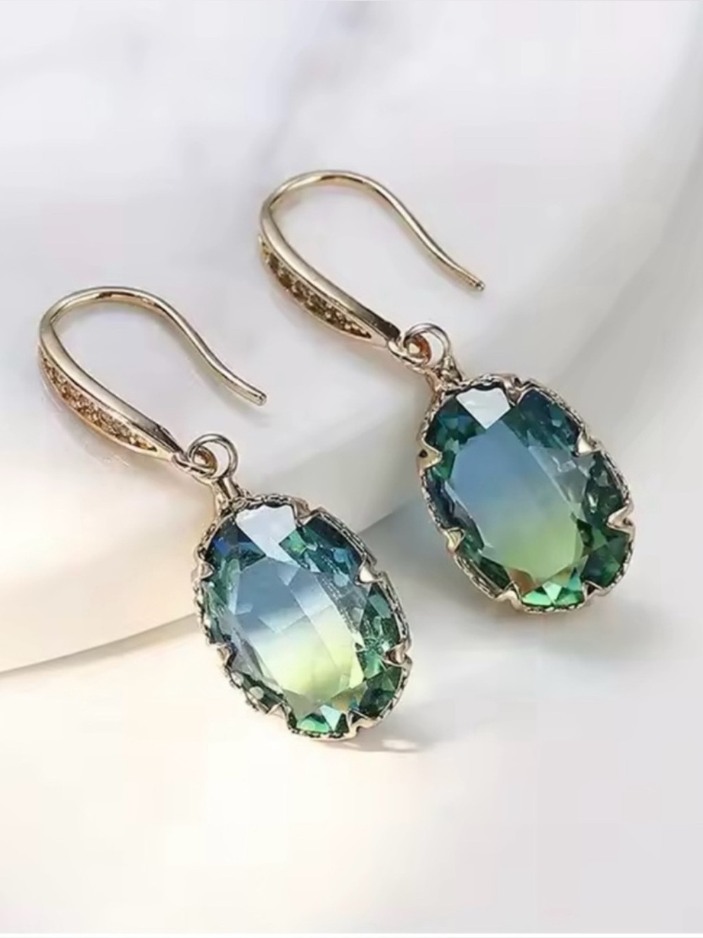NWT Gold Tone Drop Earrings with Blue-Green Gemstones and Clear Rhinestones